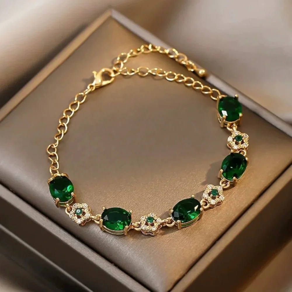 18K Gold Plated Green Crystal Emerald Charm Bracelet for Women - Picture 1 of 5